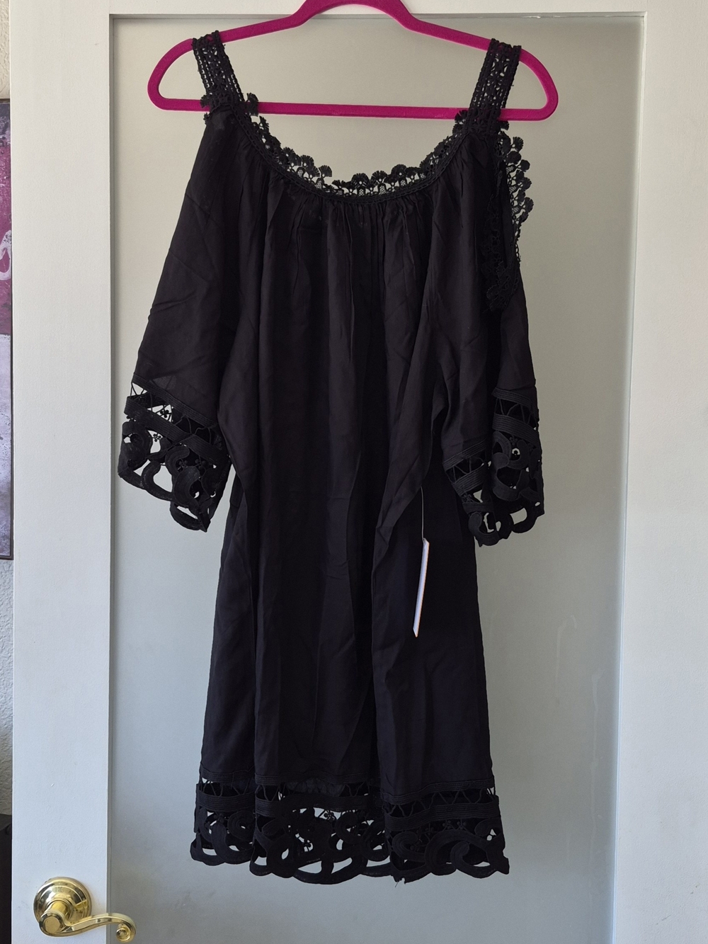 Swimsuits For All Black Crochet-Trim Off-Shoulder Swim Coverup